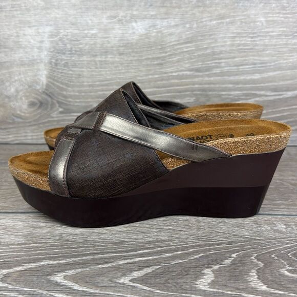 Naot Eve Brown Leather Women's Sz 9/EU 40 Slip On Open Toe Platform Wedge Sandal - Picture 3 of 11